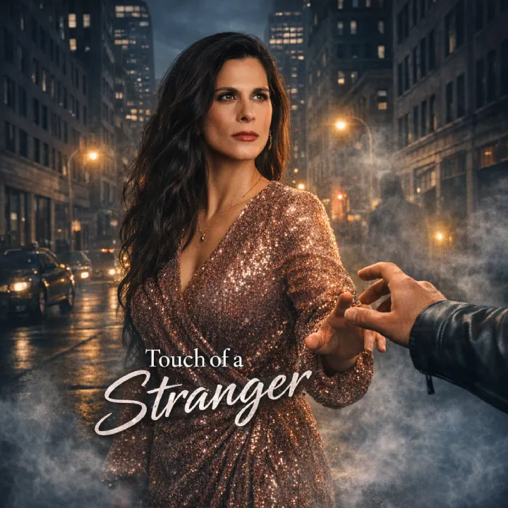 Woman in a glittering bronze dress reaching for a stranger’s hand on a rainy city street